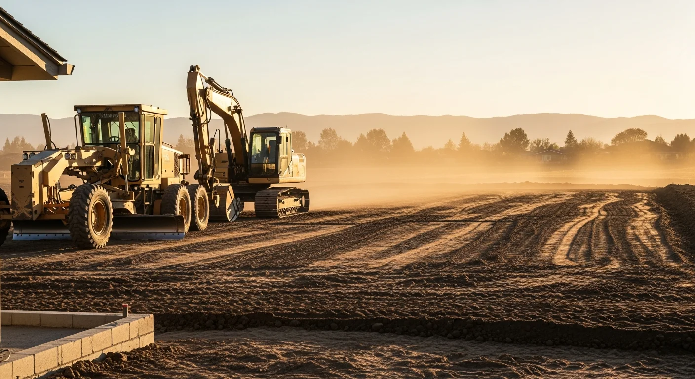 Heavy equipment grading a construction site for proper drainage and foundation preparation