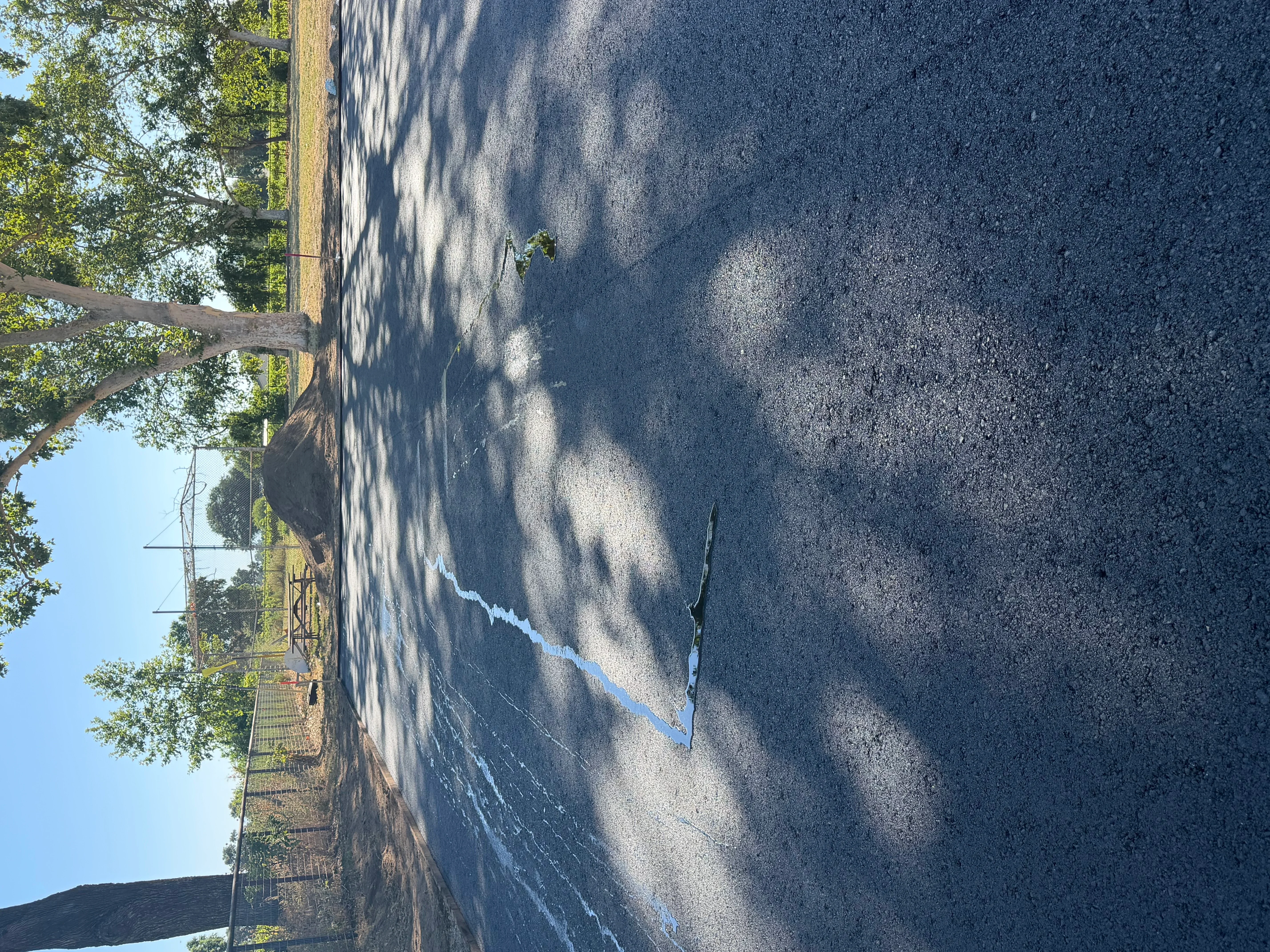 Newly paved residential driveway with dark asphalt and white center stripe marking