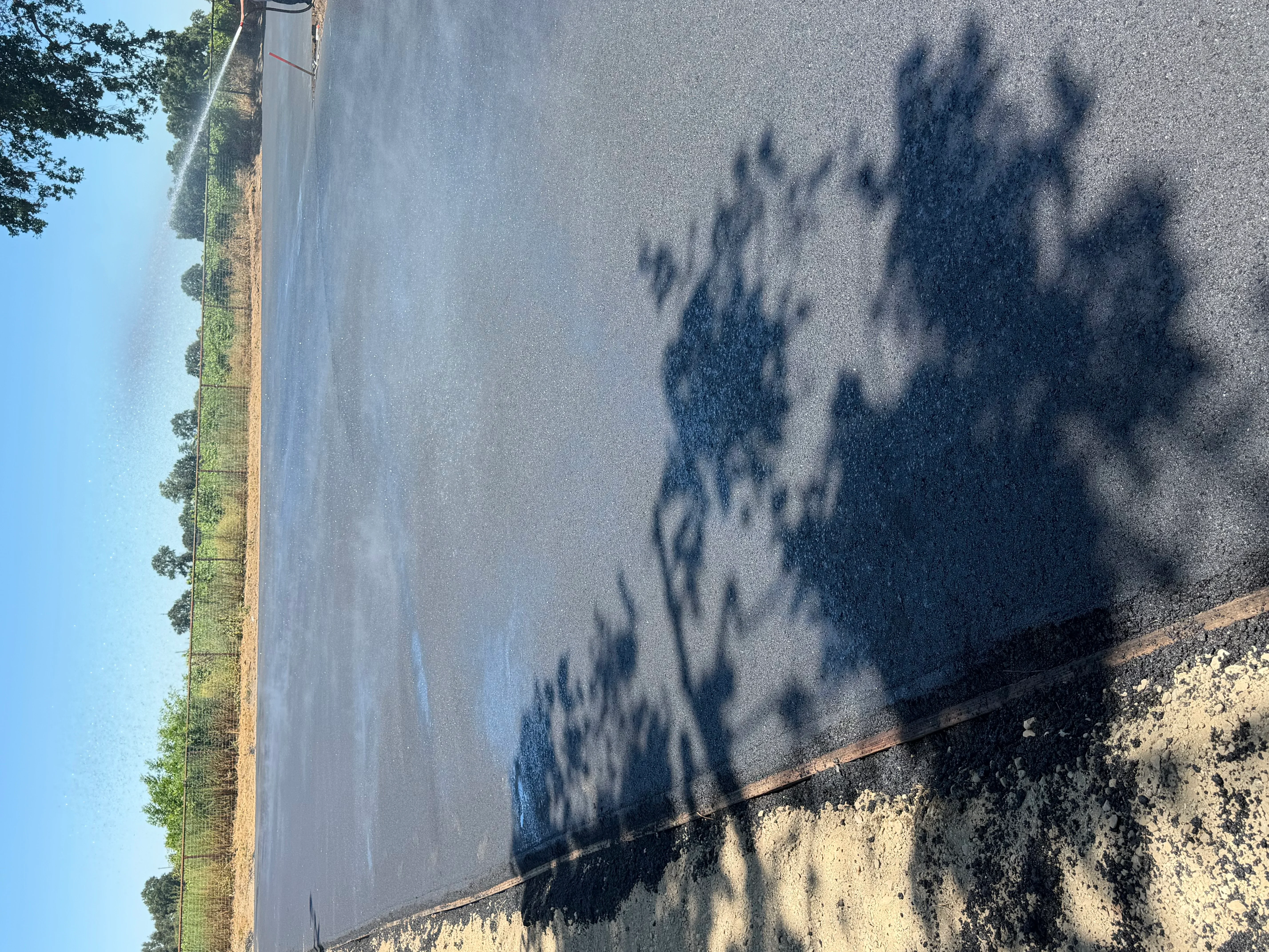 Newly paved asphalt driveway with smooth surface and tree shadows cast across the dark pavement