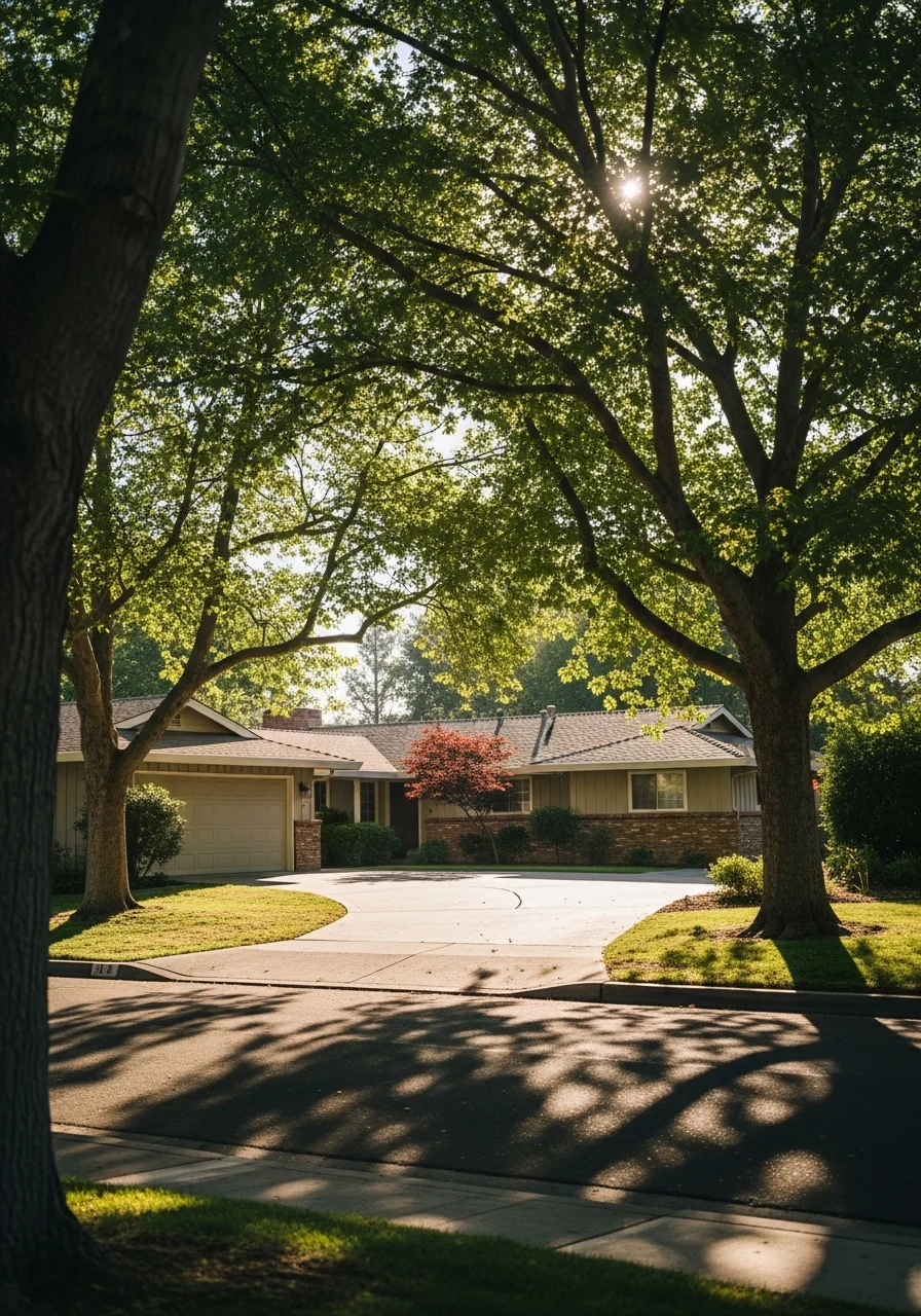 Modesto suburban residential street with mature trees and single-family homes typical of county growth areas.
