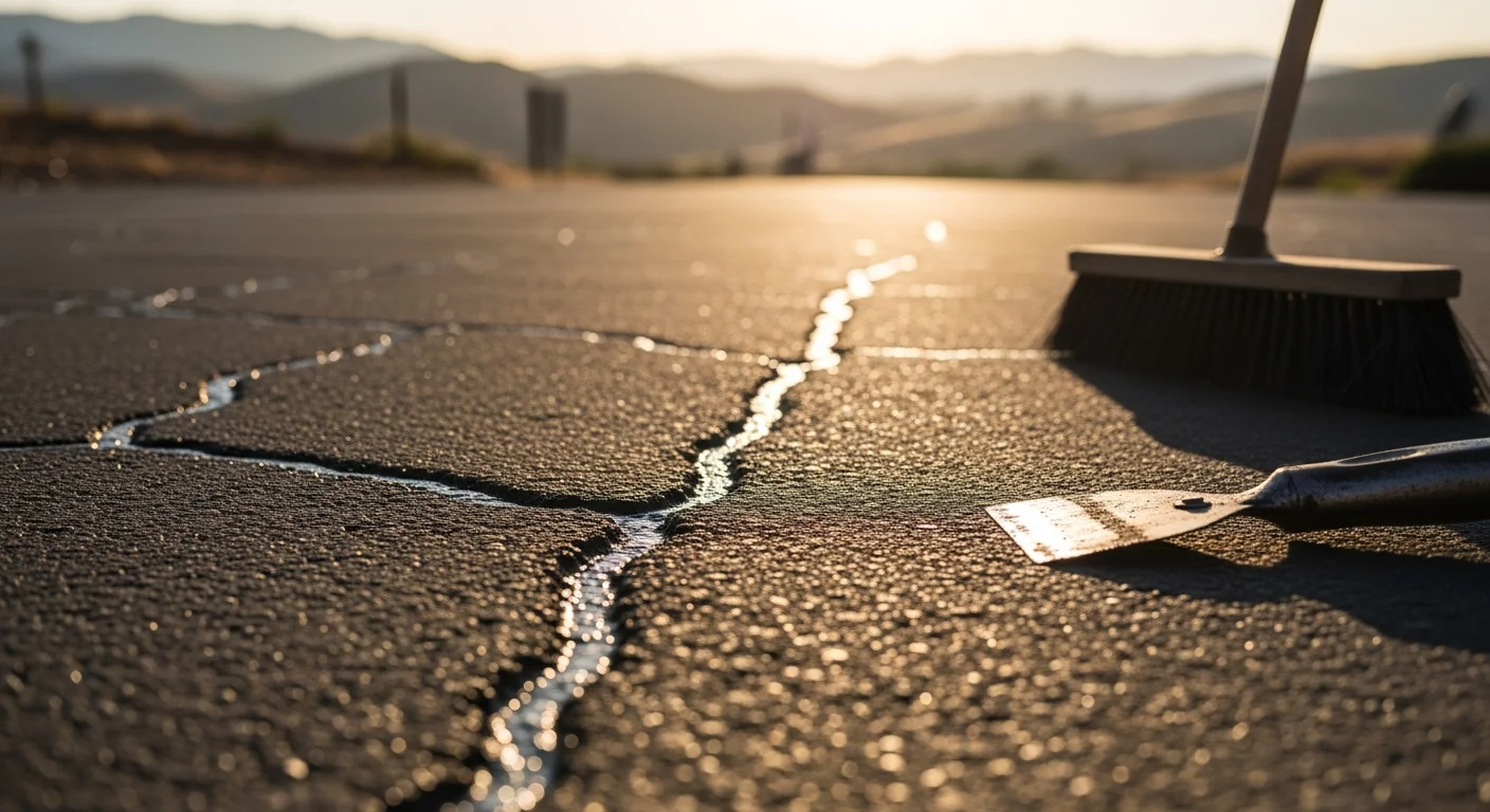 Close-up of a sealed asphalt crack on a commercial parking lot surface in Stanislaus County, California. The repaired crack shows a clean, filled line against the surrounding pavement with no visible water damage or edge crumbling.