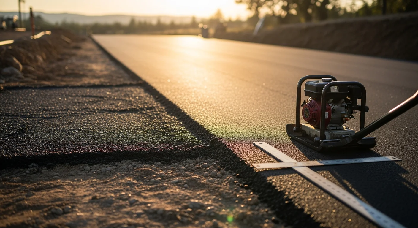 Freshly paved black asphalt driveway at a residential property in Stanislaus County, California, with clean straight edges and a smooth compacted surface. The driveway runs from the street to a detached garage with dry Central Valley landscape visible in the background.