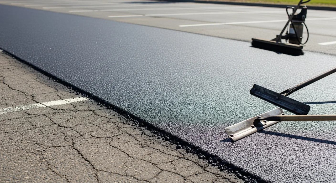 Freshly compacted asphalt overlay on a commercial parking lot in Calaveras County, California, showing a smooth dark surface with clean edges. A paving machine lays hot-mix asphalt across the worn original surface on a clear day.