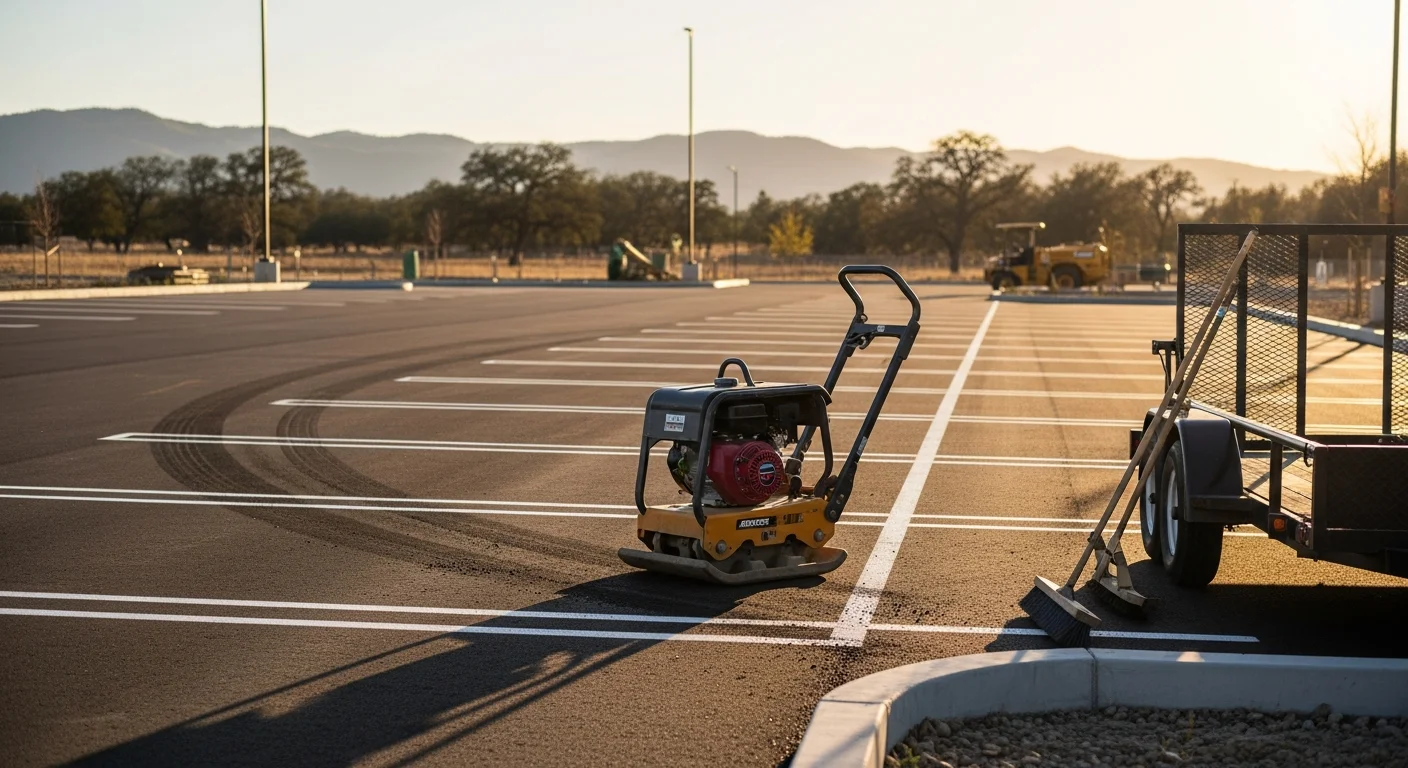 Freshly paved asphalt parking lot at a commercial property in Calaveras County, California, showing clean black surface, defined stall lines, and proper drainage slope. Herring Paving Company asphalt parking lot installation serving Calaveras, San Joaquin, and Stanislaus counties.