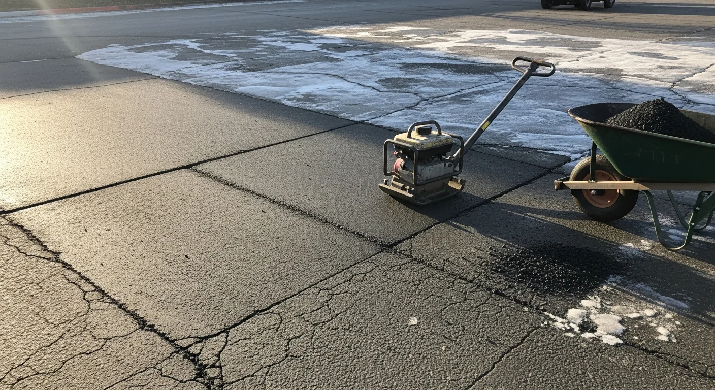 A freshly compacted asphalt patch filling a repaired pothole in a commercial parking lot in Stockton, San Joaquin County, California. The smooth, dark patch contrasts with the surrounding aged asphalt surface, showing a clean, level repair result.