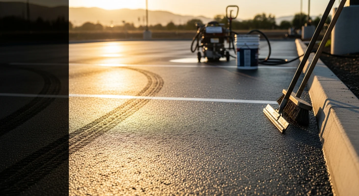 A freshly seal coated commercial parking lot in Stanislaus County showing a uniform dark black surface with clean edges and no visible cracking. The surrounding area reflects a dry Central Valley setting with open sky and low-rise commercial buildings in the background.