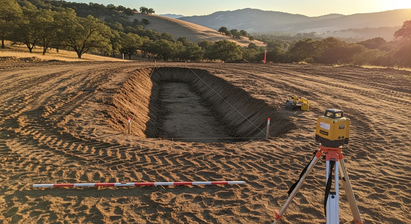 A freshly graded residential lot in San Joaquin County showing smooth, sloped earth contoured away from a concrete foundation. Grading equipment tracks are visible across the compacted soil surface, with a cleared drainage path running toward the property edge.