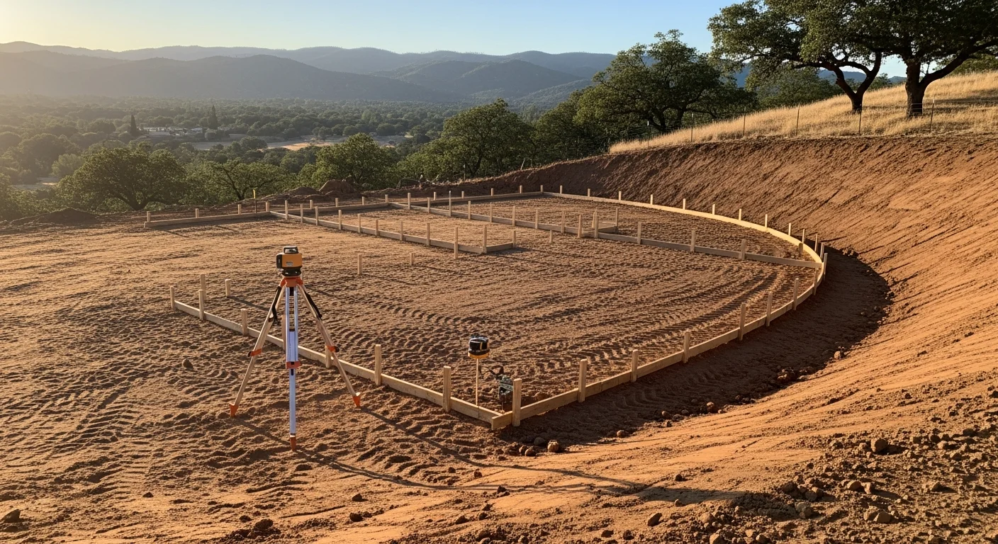 A graded building pad on a sloped foothill parcel in Calaveras County, showing freshly cut and leveled earth with compacted soil ready for construction. Heavy equipment tracks are visible across the site, with surrounding oak-covered hillside terrain in the background.