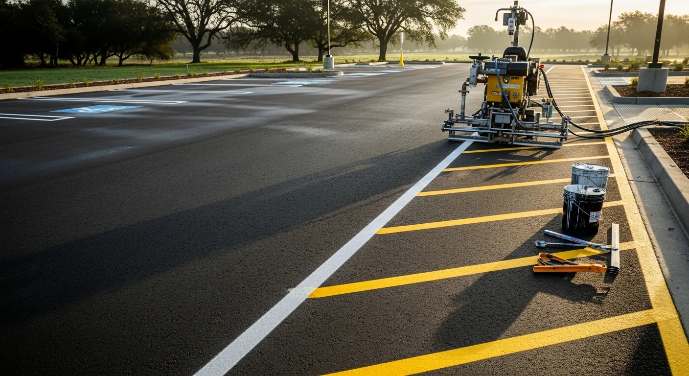 Freshly striped commercial parking lot with bright white stall lines, blue ADA accessible spaces, and directional arrows on dark asphalt. The lot serves a commercial property in California's Central Valley region, consistent with properties found across San Joaquin and Stanislaus counties.