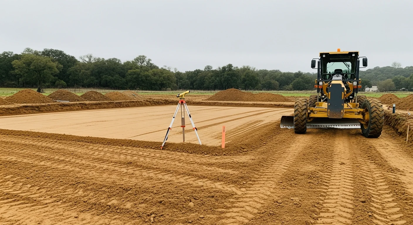 A graded building pad on a rural Calaveras County lot, showing freshly cut and compacted soil with a level surface ready for construction. Surrounding terrain shows the foothill landscape typical of the region.