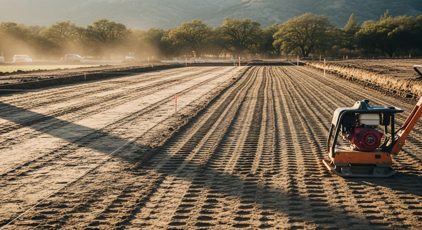 A tracked compactor working across a graded dirt lot in a rural area of San Joaquin County, California. The soil surface is smooth and even, prepared for paving or foundation work.
