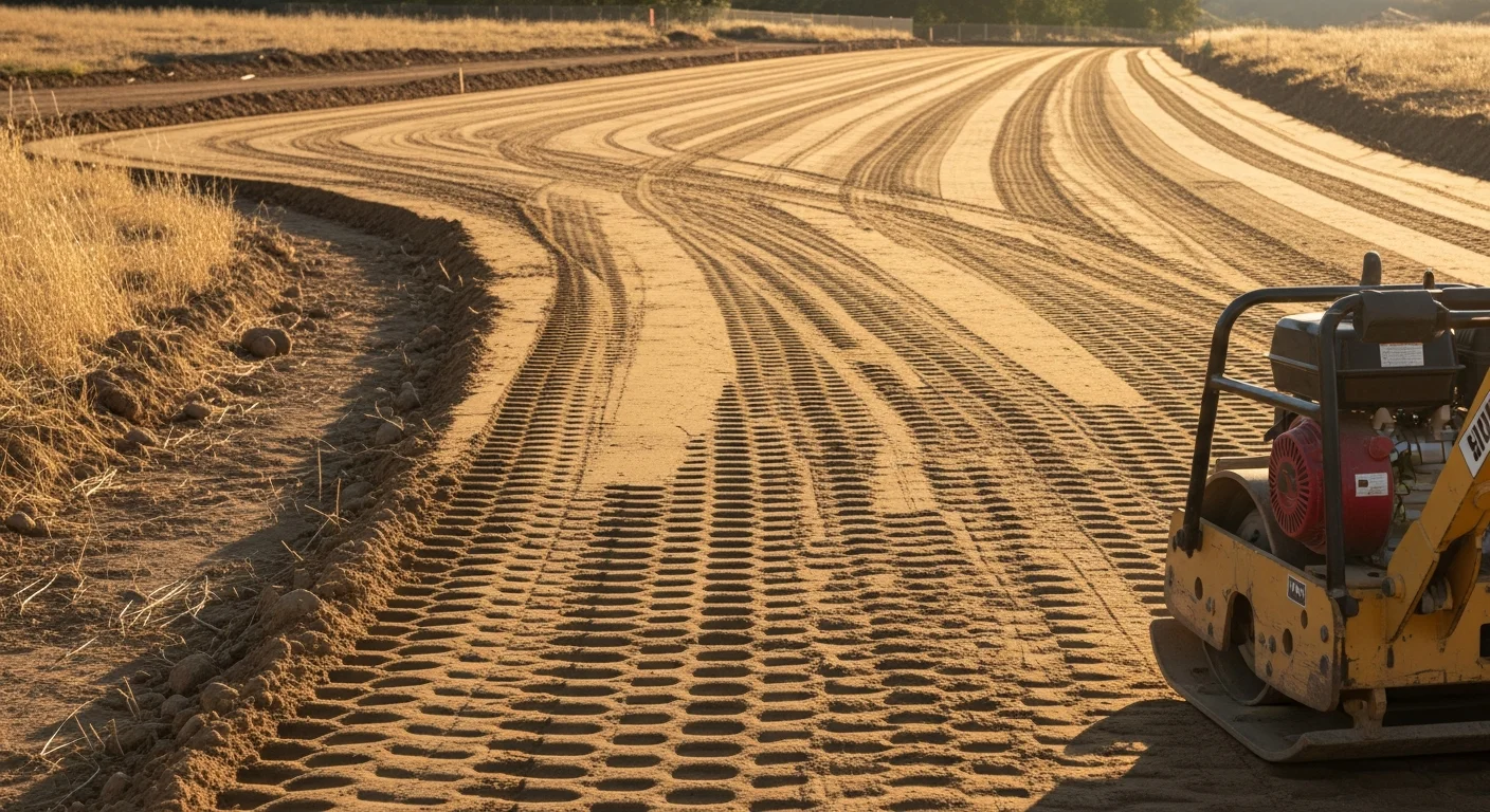 A grading crew operating a compactor on a freshly cut and leveled subgrade at a rural site in Calaveras County, California. The prepared soil surface shows uniform compaction and proper slope before base material is applied.